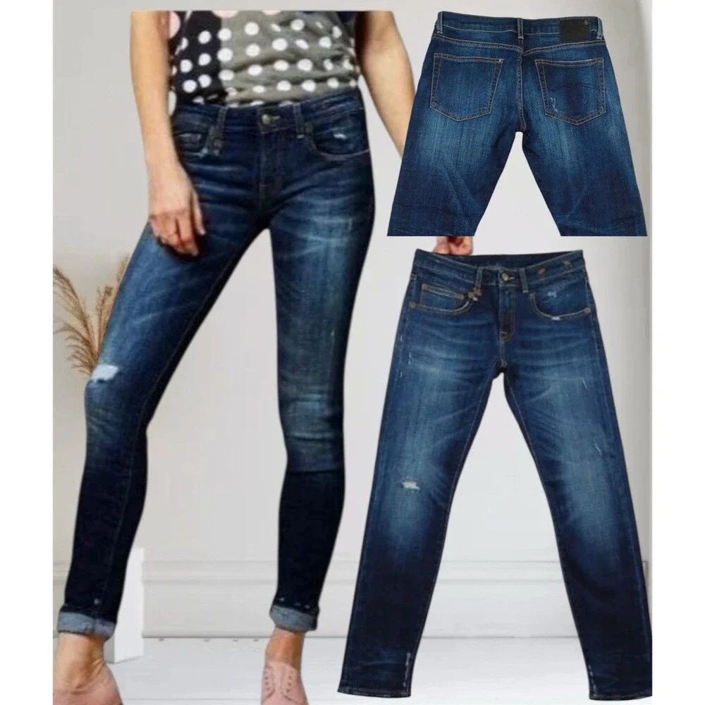 R13 Boy Skinny Seattle Vintage Rip Women's Mid-Rise Stretch Jeans Size 26